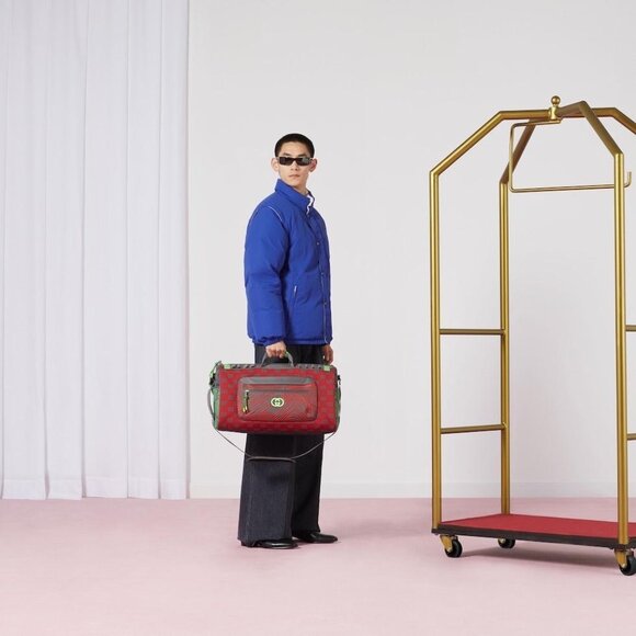 Gucci Men's Duffle Bag GG Jacquard Nylon & Rubber Large Color Gray-Green-Red - Picture 14 of 16